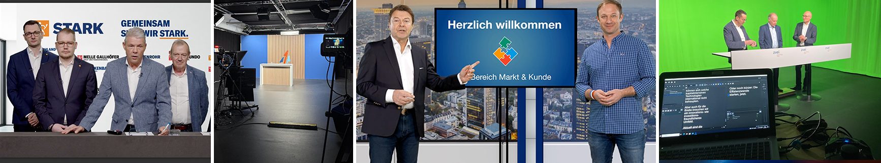 Townhall-Produktionen im MAINSTUDIO: Pressekonferenz, leeres Studio-Setup, Präsentation mit Willkommens-Grafik und Live-Schalte vor Greenscreen