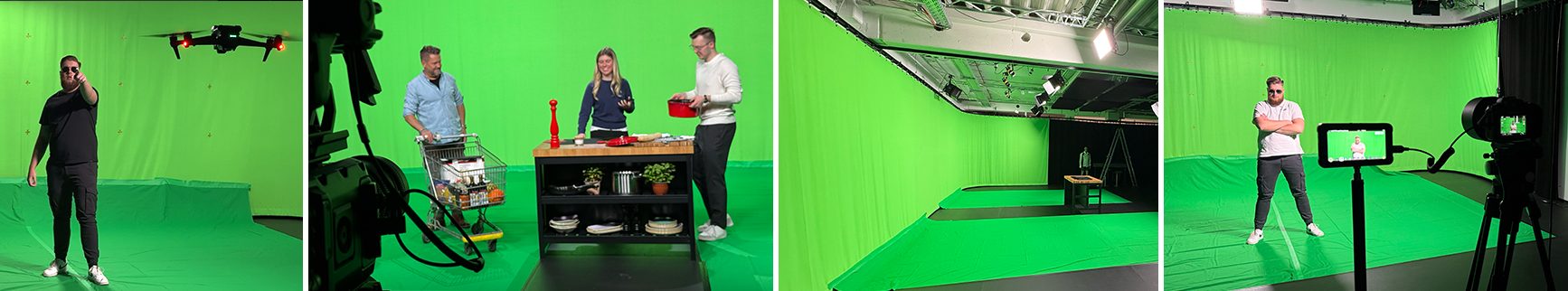 Greenscreen-Produktionen im MAINSTUDIO: Drohnenaufnahme, Kochshow mit Team, leere Greenscreen-Fläche und Kameraüberwachung