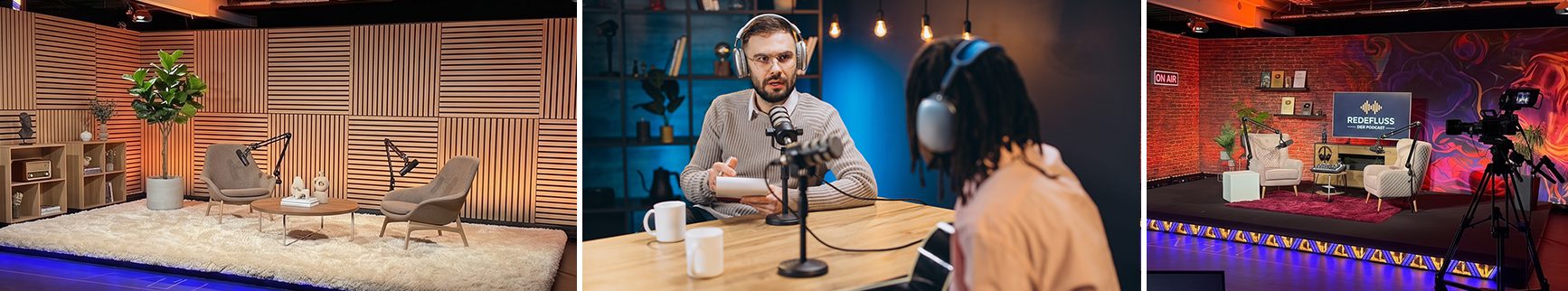 Podcast-Produktionen im MAINSTUDIO: eingerichteter Gesprächsbereich, Aufnahme mit zwei Gästen und Podcast-Set mit Kamera