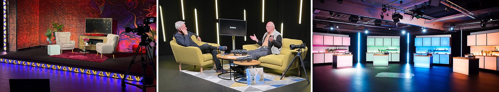 Drei Studio-Setups im MAINSTUDIO: Interviewecke, Talk-Sitzgruppe und farbig beleuchtete Multi-Zonen-Kulisse